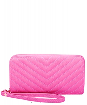 Chevron Quilted Double Zip Around Wallet Wristlet QA0012 FUCHSIA